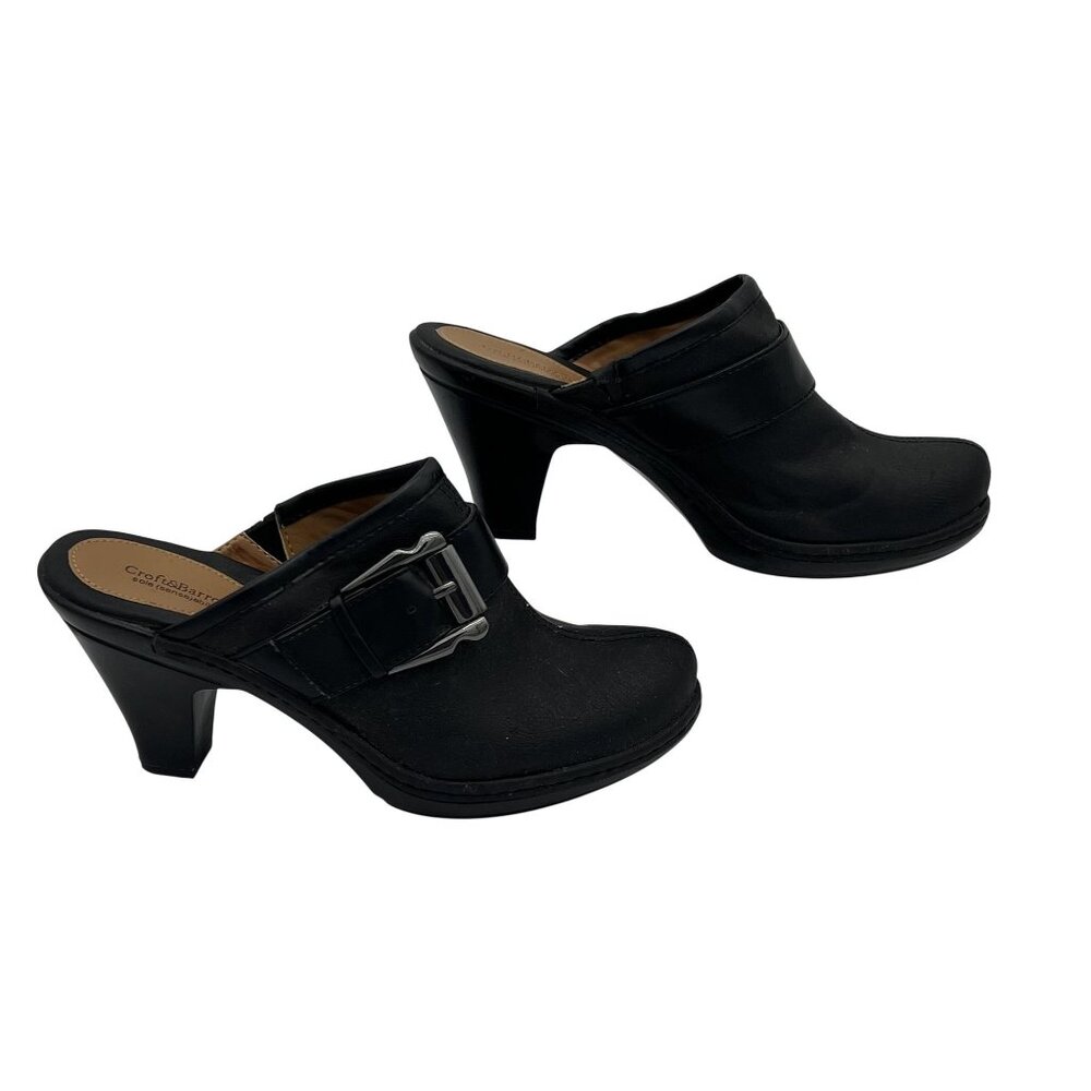 Womens Croft & Barrow Black Leather Heeled Mules W/Buckle Size 8 Slip-On Design